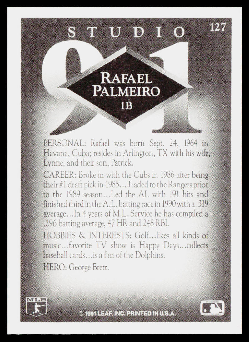 Rafael Palmeiro 1991 Studio #127 Texas Rangers