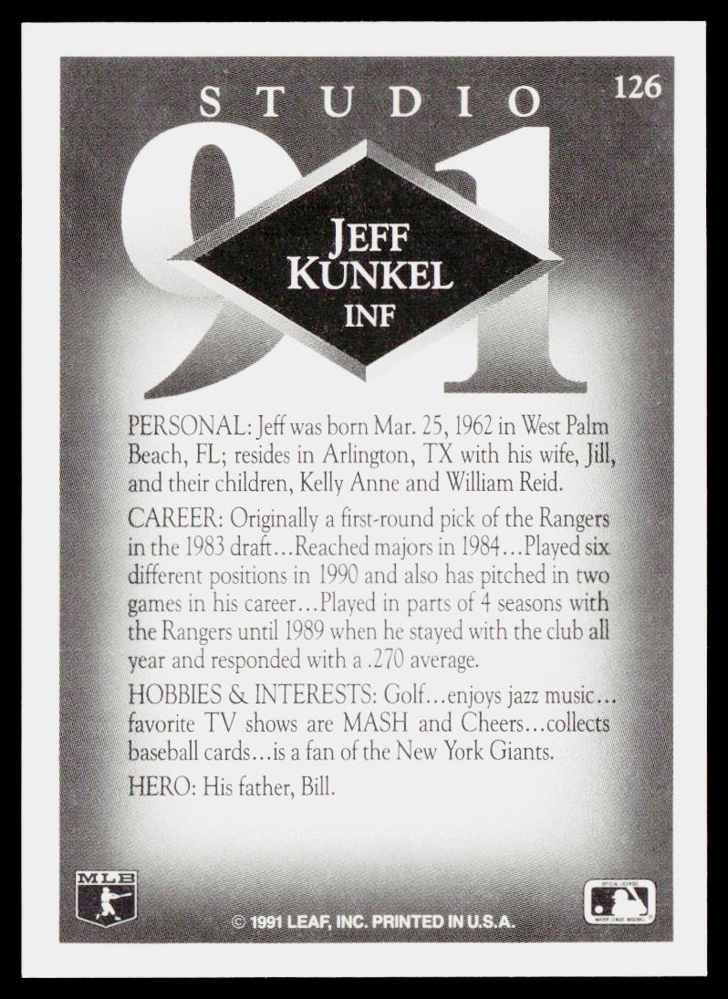Jeff Kunkel 1991 Studio #126 Texas Rangers