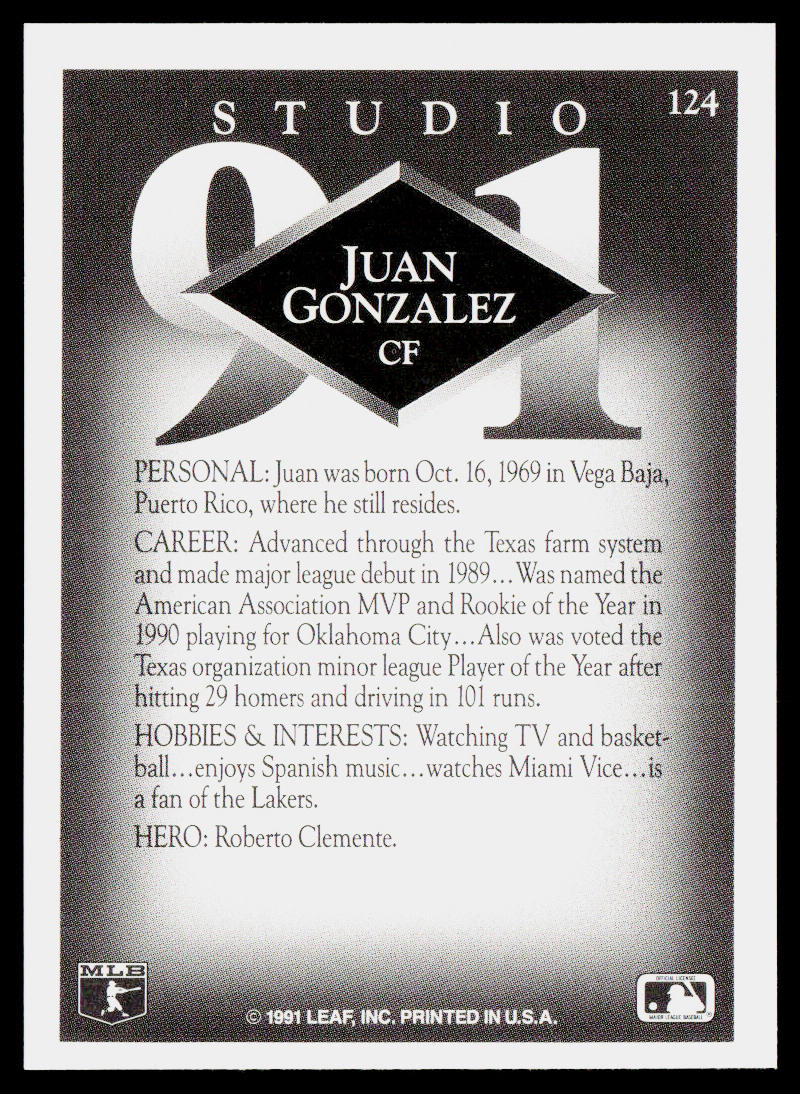 Juan Gonzalez 1991 Studio #124 Texas Rangers