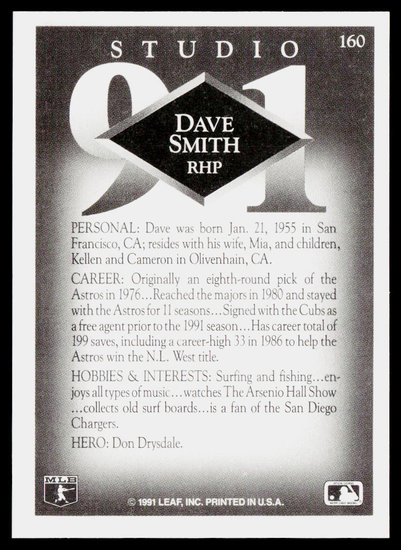 Dave Smith 1991 Studio #160 Chicago Cubs