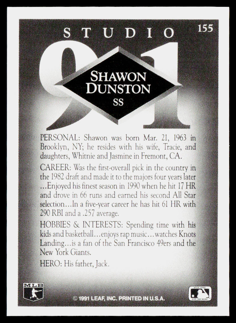 Shawon Dunston 1991 Studio #155 Chicago Cubs