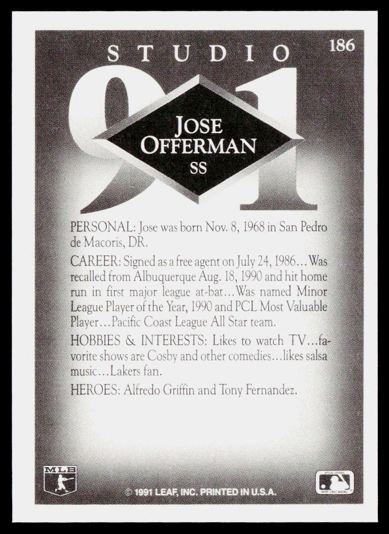 Jose Offerman 1991 Studio #186 Los Angeles Dodgers