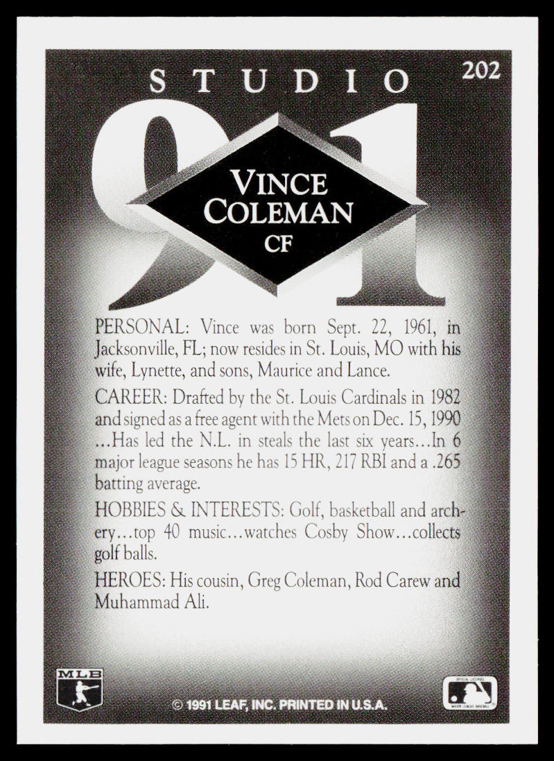 Vince Coleman 1991 Studio #202 New York Mets