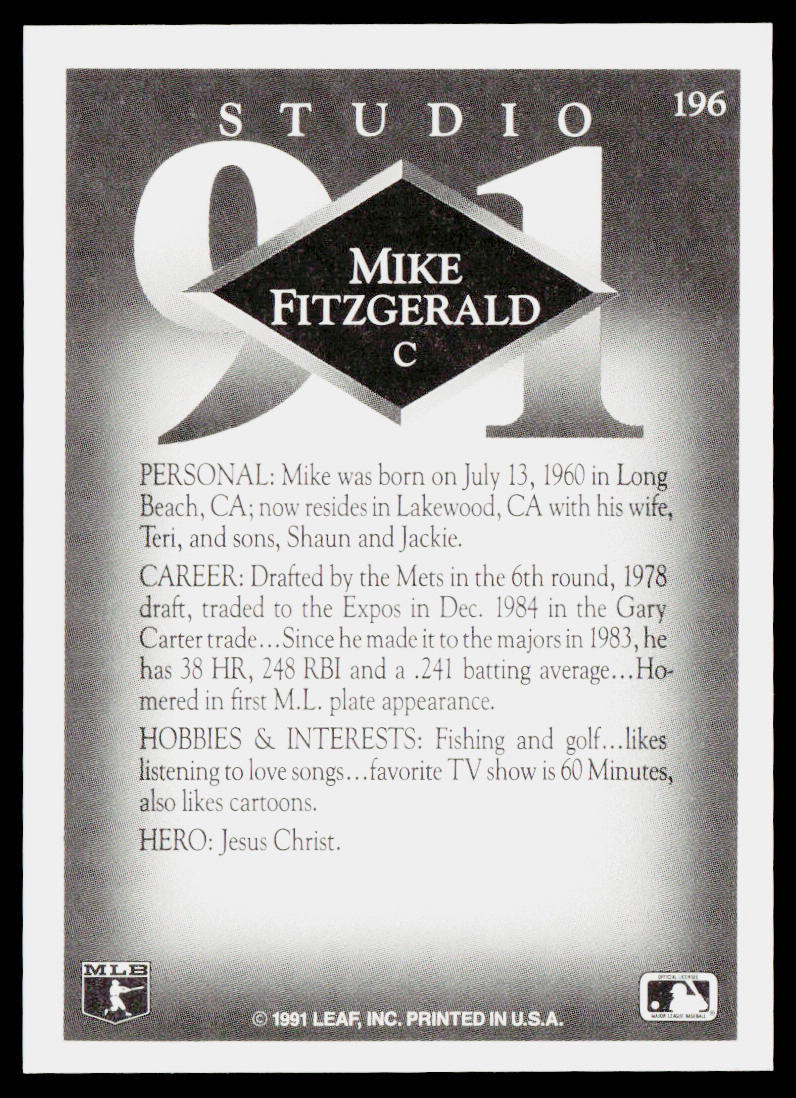 Mike Fitzgerald 1991 Studio #196 Montreal Expos