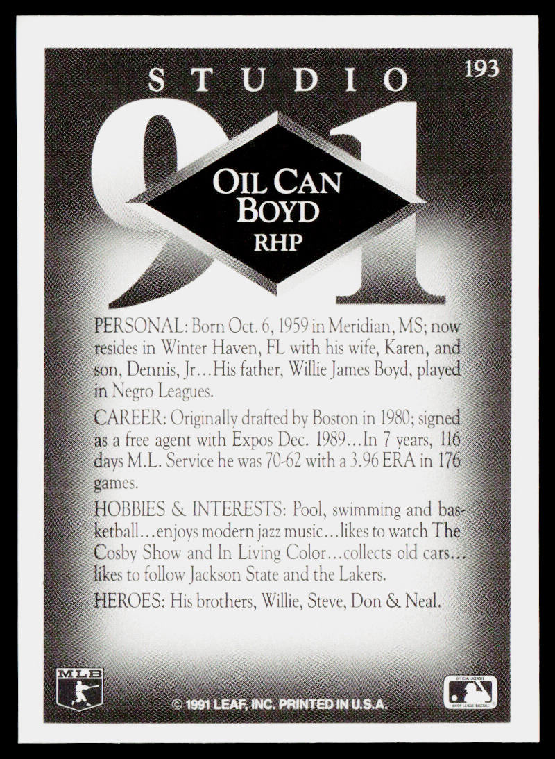 Oil Can Boyd 1991 Studio #193 Montreal Expos