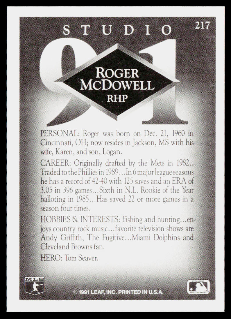 Roger McDowell 1991 Studio #217 Philadelphia Phillies