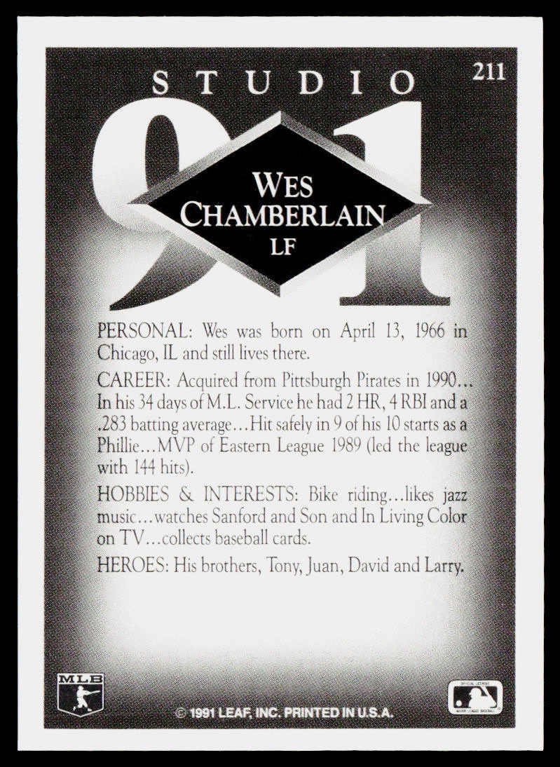 Wes Chamberlain 1991 Studio #211 RC Philadelphia Phillies