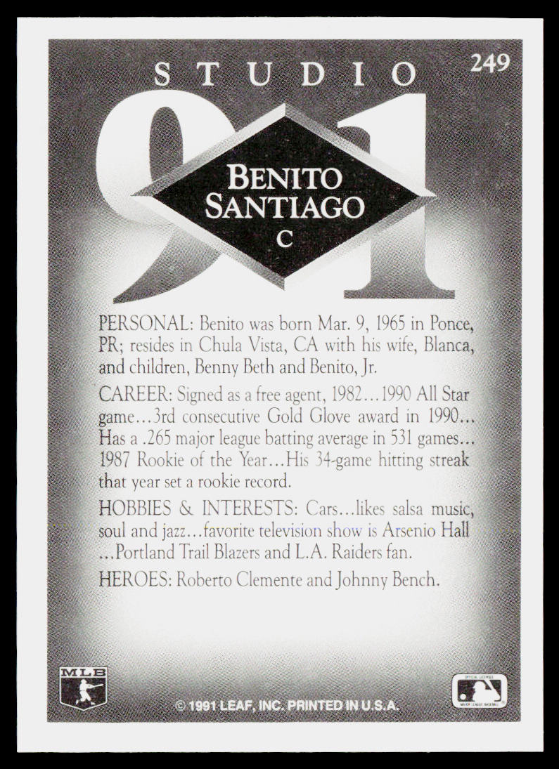 Benito Santiago 1991 Studio #249 San Diego Padres