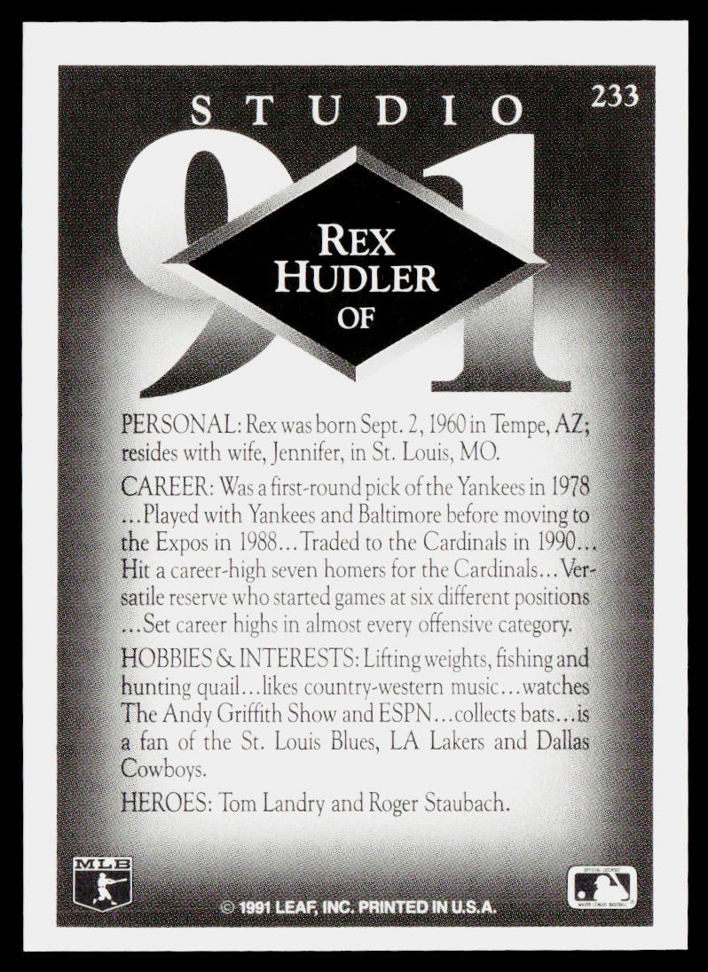 Rex Hudler 1991 Studio #233 St. Louis Cardinals