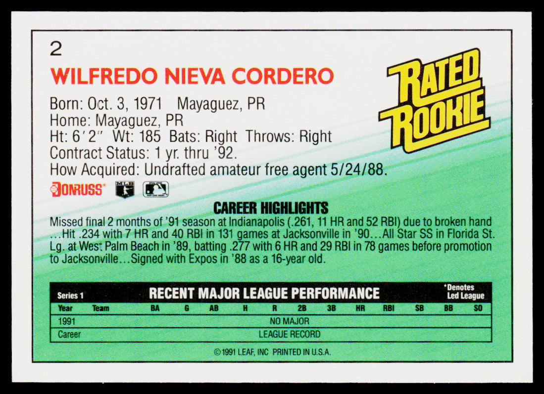Wil Cordero 1992 Donruss #2 Montreal Expos
