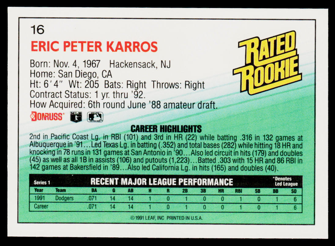 Eric Karros 1992 Donruss #16 Los Angeles Dodgers