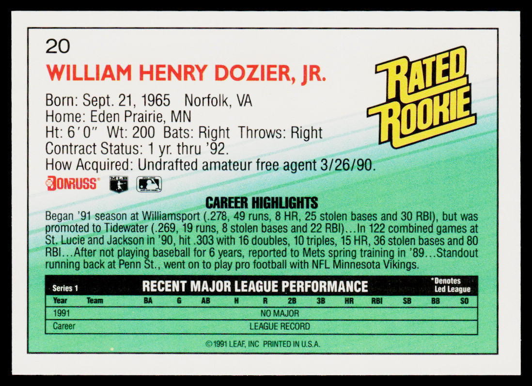 D.J. Dozier 1992 Donruss #20 New York Mets