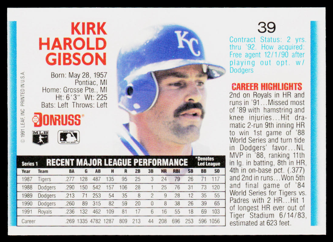 Kirk Gibson 1992 Donruss #39b Kansas City Royals