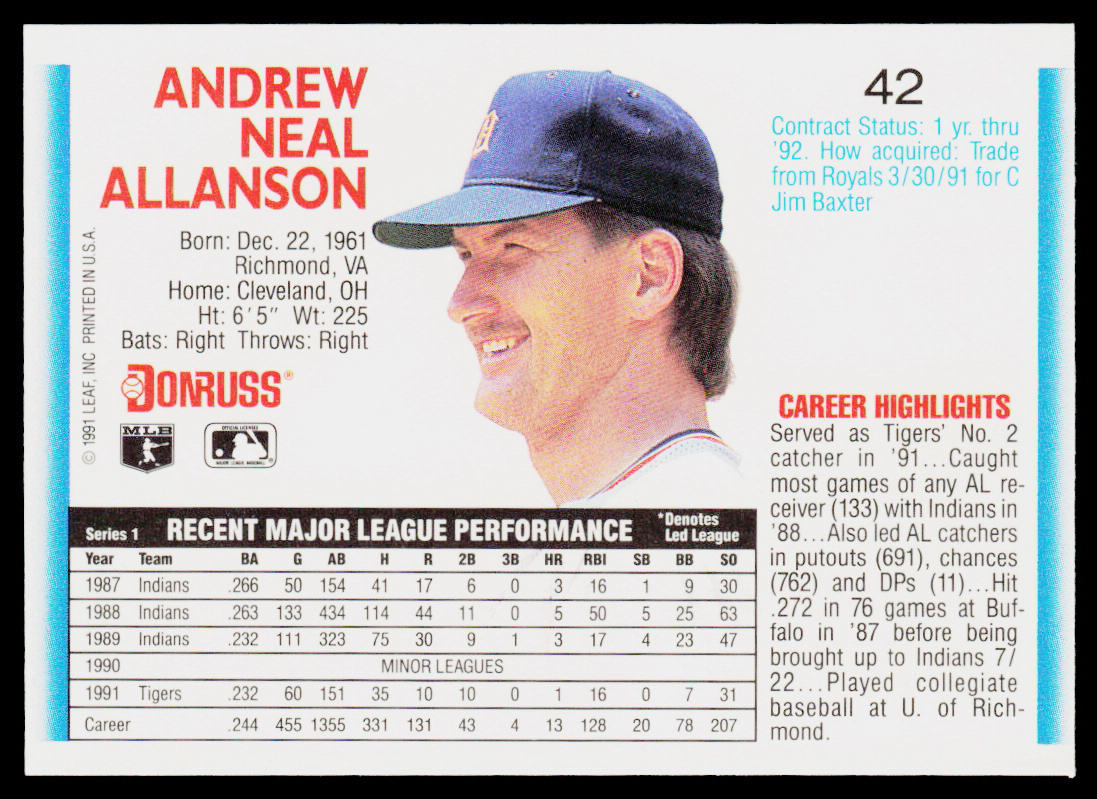 Andy Allanson 1992 Donruss #42 Detroit Tigers