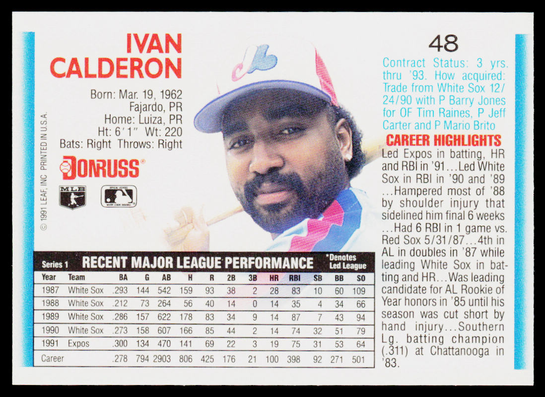 Ivan Calderon 1992 Donruss #48b Montreal Expos