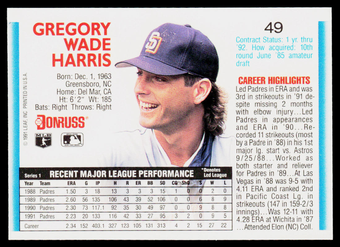 Greg Harris 1992 Donruss #49 San Diego Padres