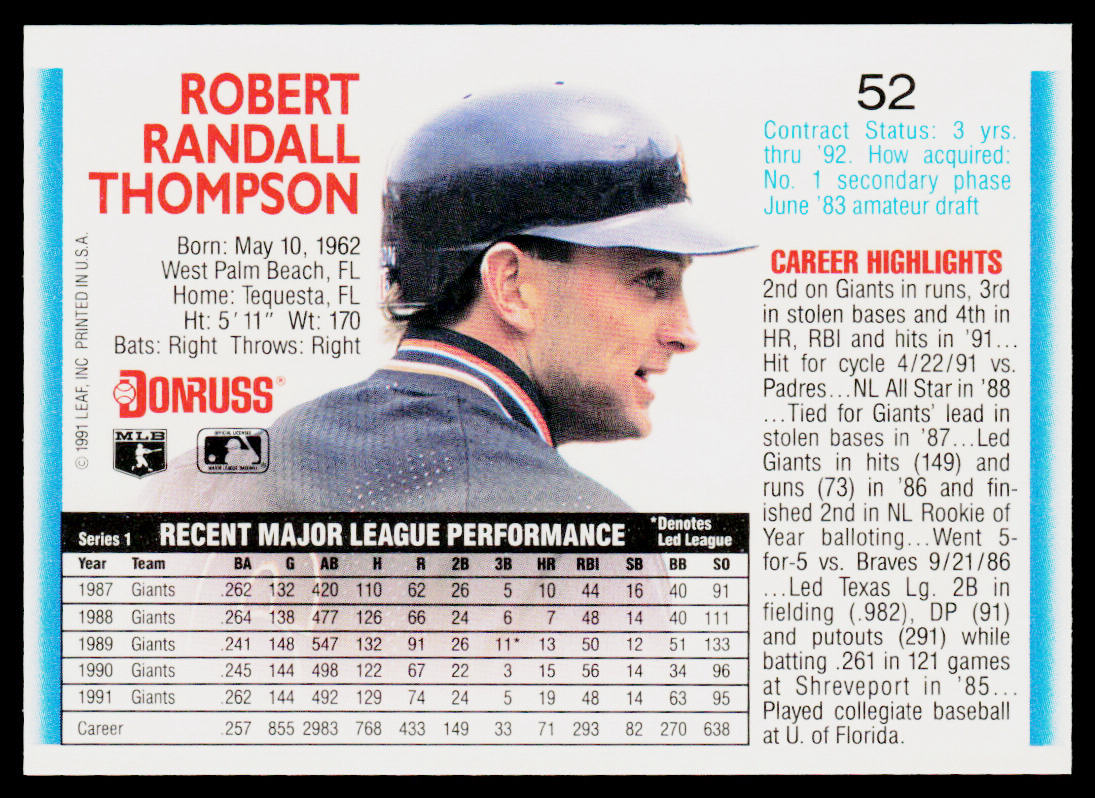 Robby Thompson 1992 Donruss #52b San Francisco Giants