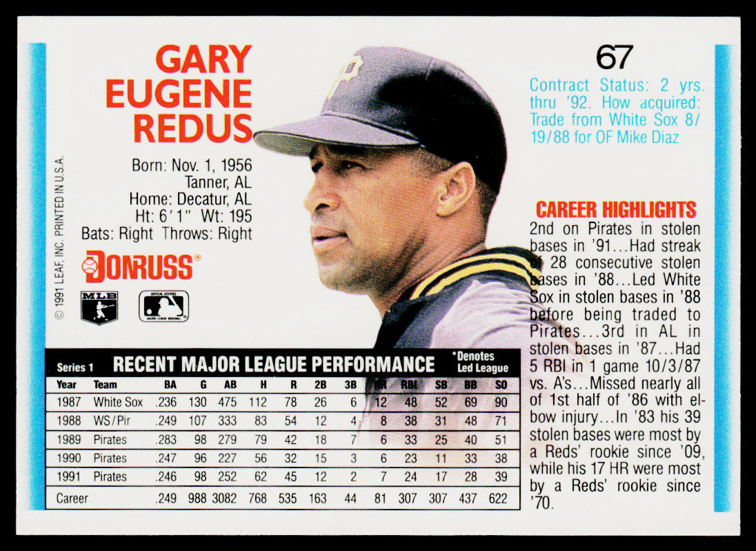Gary Redus 1992 Donruss #67 Pittsburgh Pirates