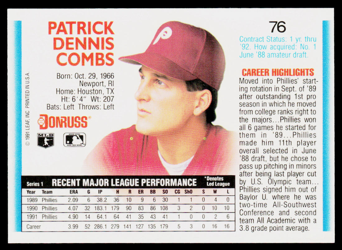 Pat Combs 1992 Donruss #76b Philadelphia Phillies