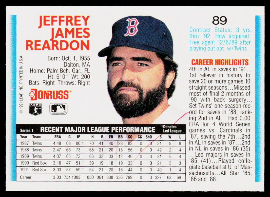 Jeff Reardon 1992 Donruss #89 Boston Red Sox