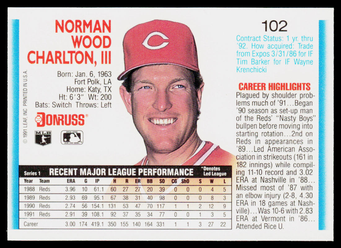 Norm Charlton 1992 Donruss #102b Cincinnati Reds