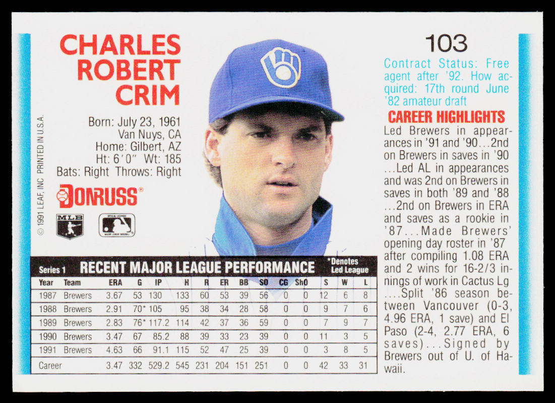 Chuck Crim 1992 Donruss #103 Milwaukee Brewers