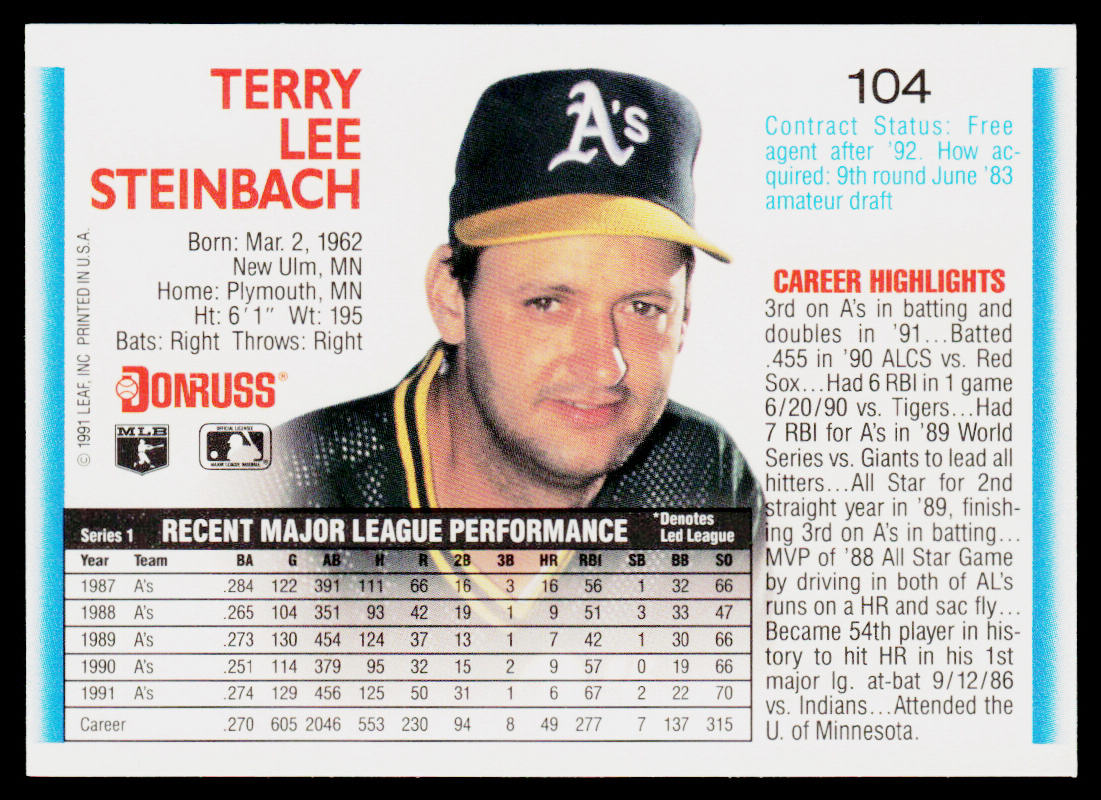 Terry Steinbach 1992 Donruss #104b Oakland Athletics
