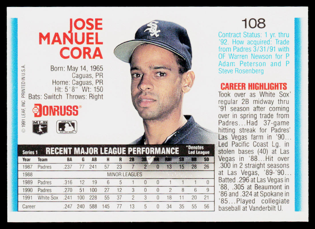 Joey Cora 1992 Donruss #108b Chicago White Sox
