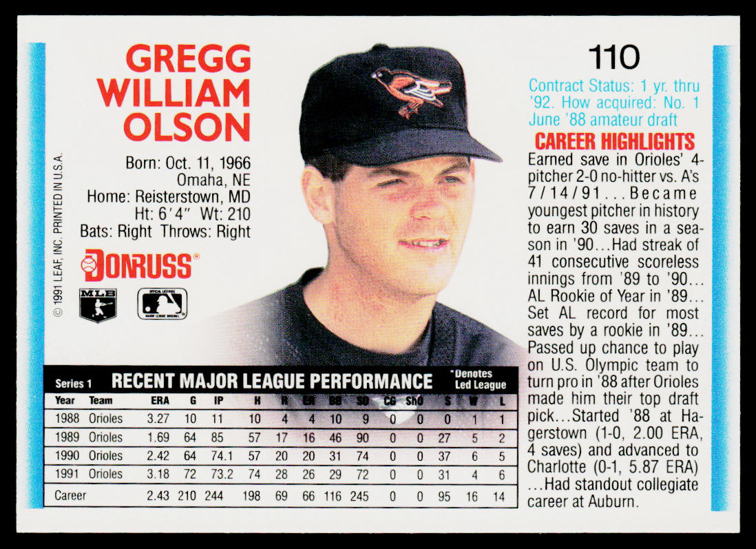 Gregg Olson 1992 Donruss #110 Baltimore Orioles