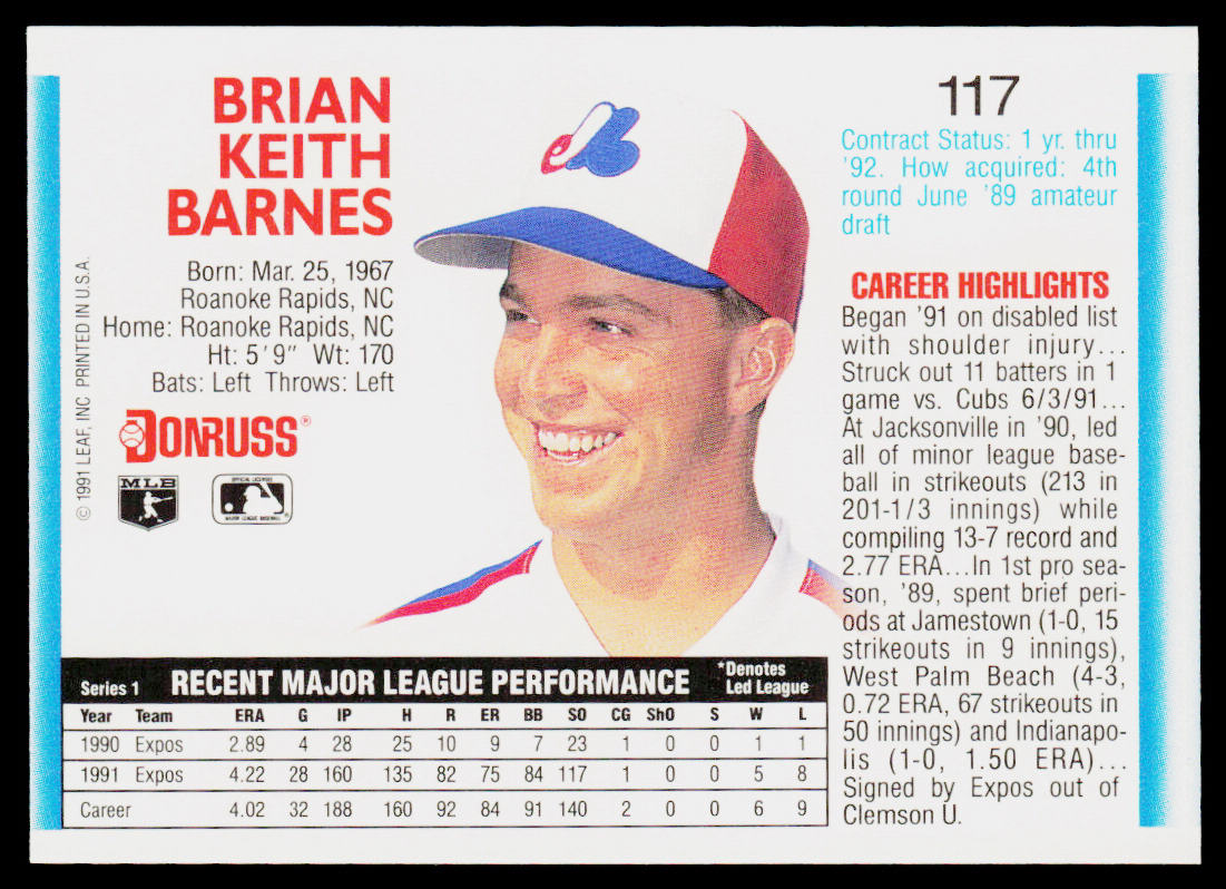 Brian Barnes 1992 Donruss #117 Montreal Expos