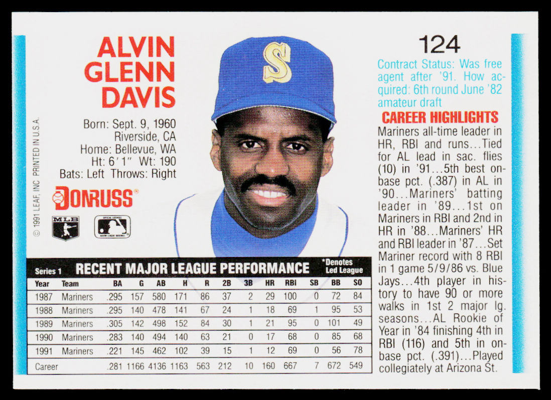 Alvin Davis 1992 Donruss #124 Seattle Mariners
