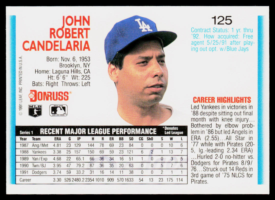 John Candelaria 1992 Donruss #125 Los Angeles Dodgers