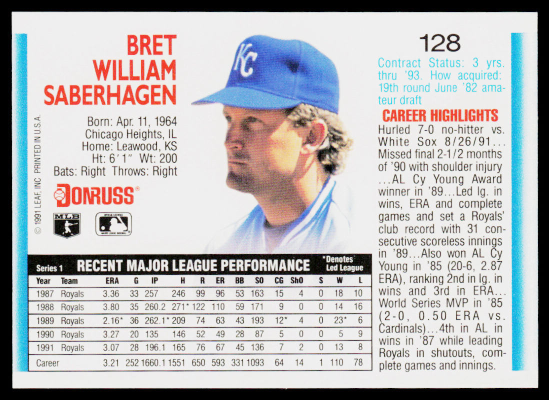Bret Saberhagen 1992 Donruss #128b Kansas City Royals