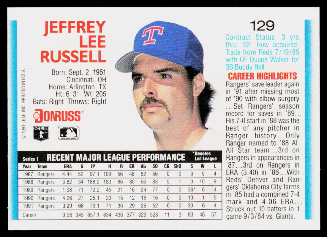 Jeff Russell 1992 Donruss #129 Texas Rangers