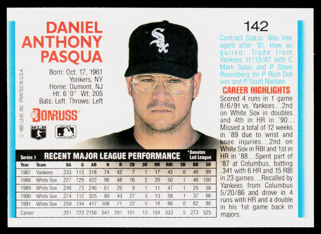 Dan Pasqua 1992 Donruss #142 Chicago White Sox