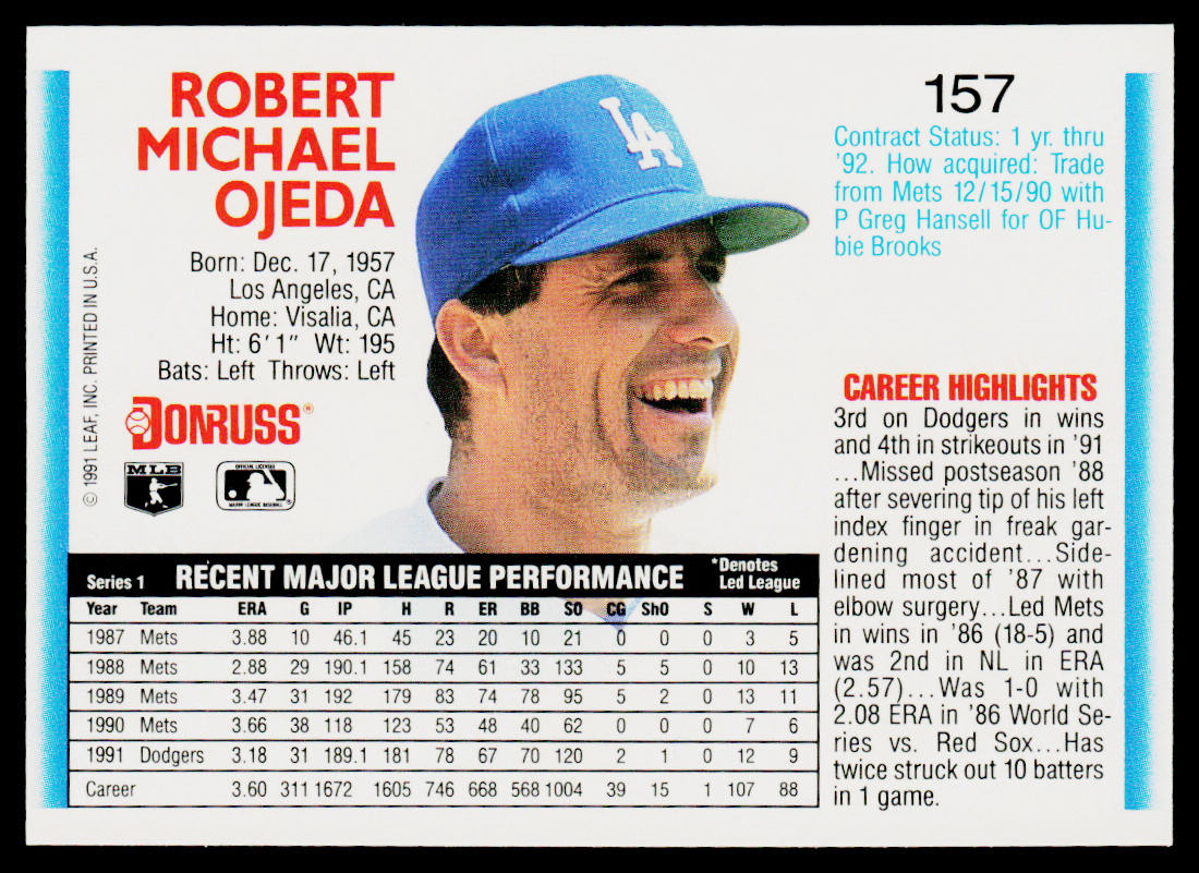 Bobby Ojeda 1992 Donruss #157b Los Angeles Dodgers