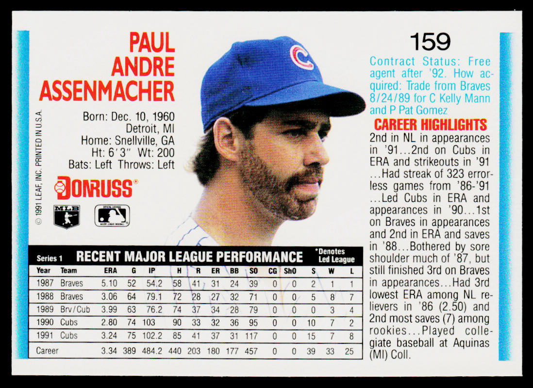 Paul Assenmacher 1992 Donruss #159 Chicago Cubs