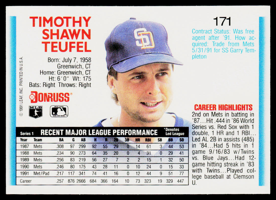 Tim Teufel 1992 Donruss #171 San Diego Padres