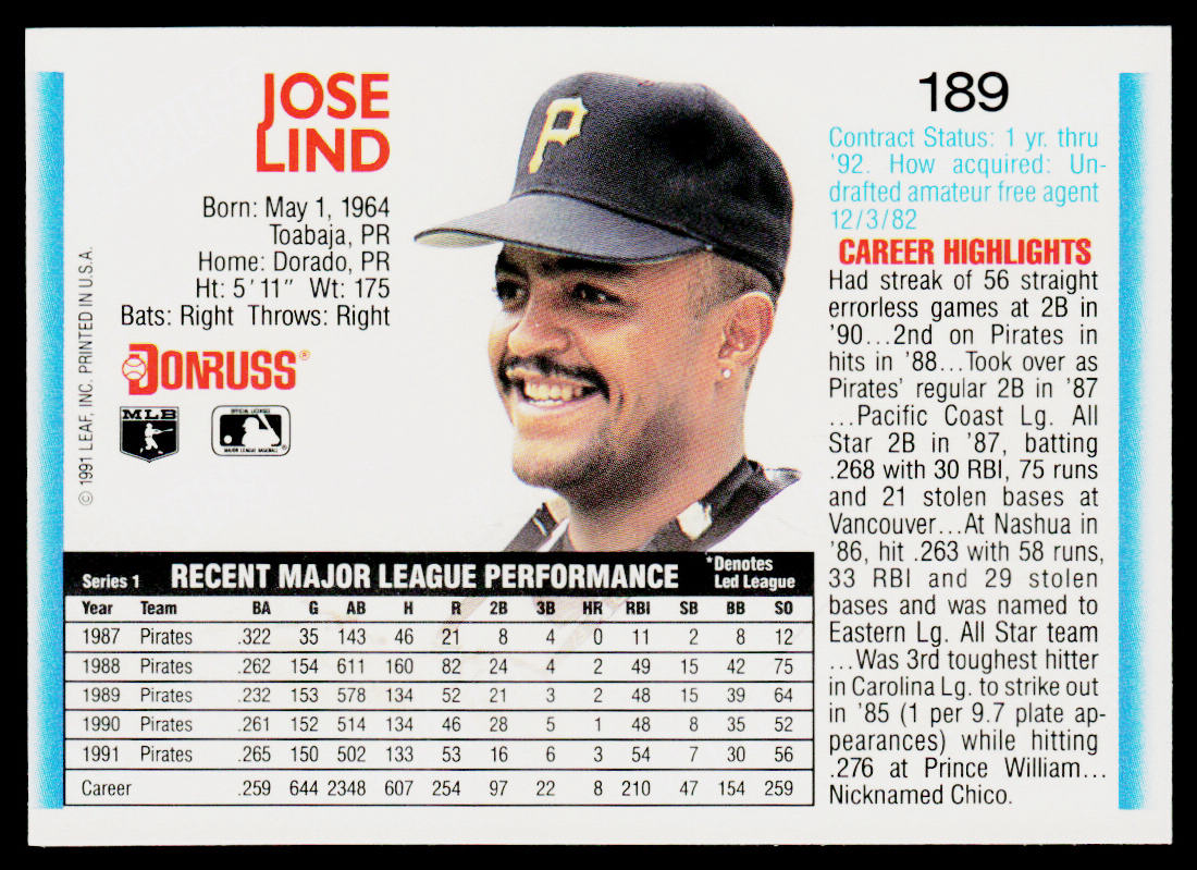 Jose Lind 1992 Donruss #189 Pittsburgh Pirates