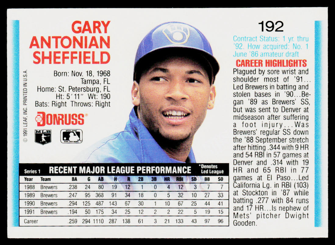 Gary Sheffield 1992 Donruss #192 Milwaukee Brewers