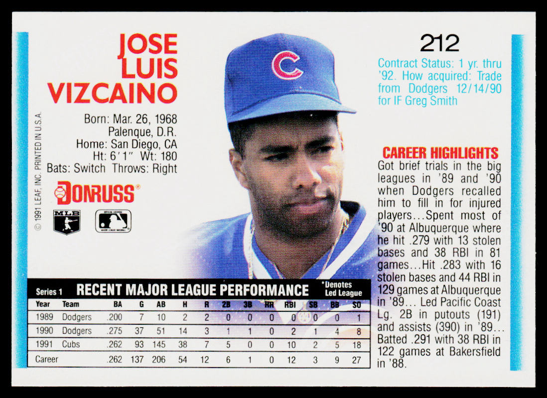 Jose Vizcaino 1992 Donruss #212 Chicago Cubs