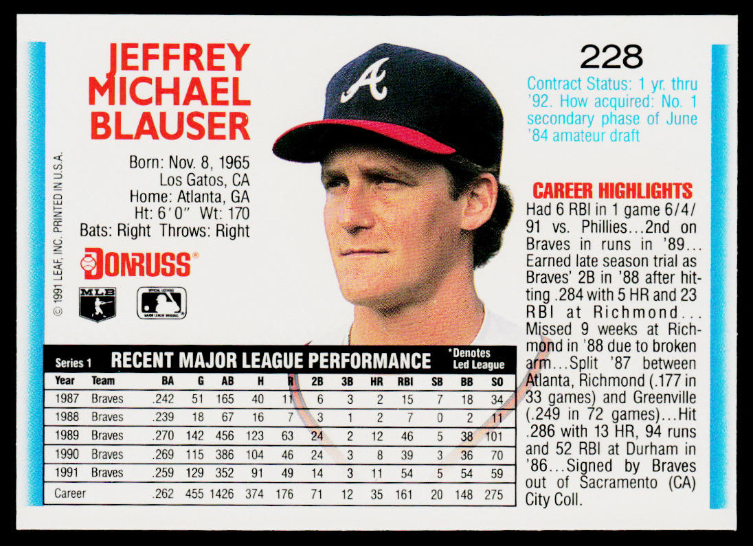 Jeff Blauser 1992 Donruss #228 Atlanta Braves