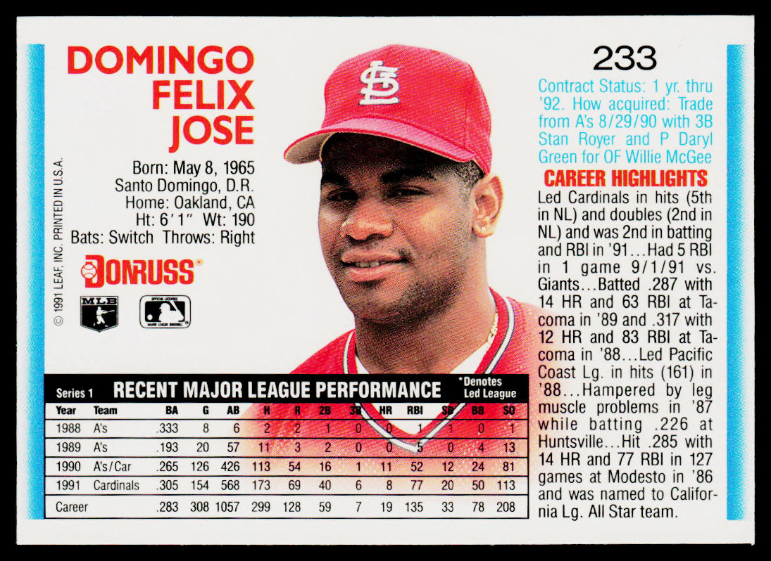 Felix Jose 1992 Donruss #233 St. Louis Cardinals