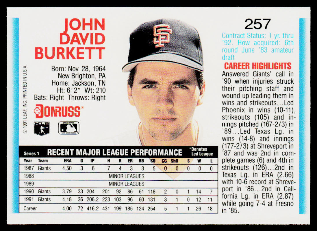 John Burkett 1992 Donruss #257 San Francisco Giants