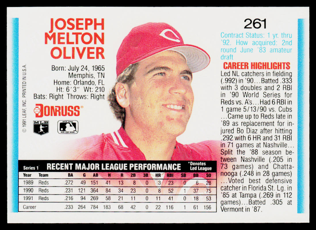 Joe Oliver 1992 Donruss #261b Cincinnati Reds