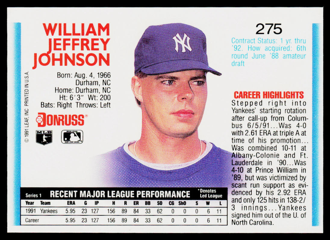 Jeff Johnson 1992 Donruss #275b New York Yankees