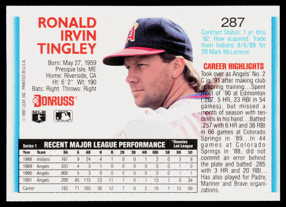 Ron Tingley 1992 Donruss #287b California Angels