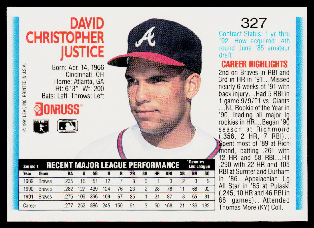 Dave Justice 1992 Donruss #327 Atlanta Braves