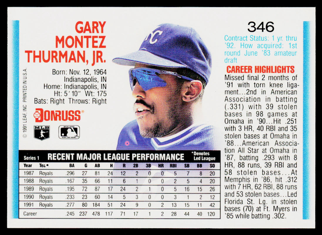 Gary Thurman 1992 Donruss #346b Kansas City Royals