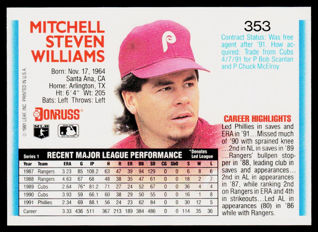 Mitch Williams 1992 Donruss #353 Philadelphia Phillies